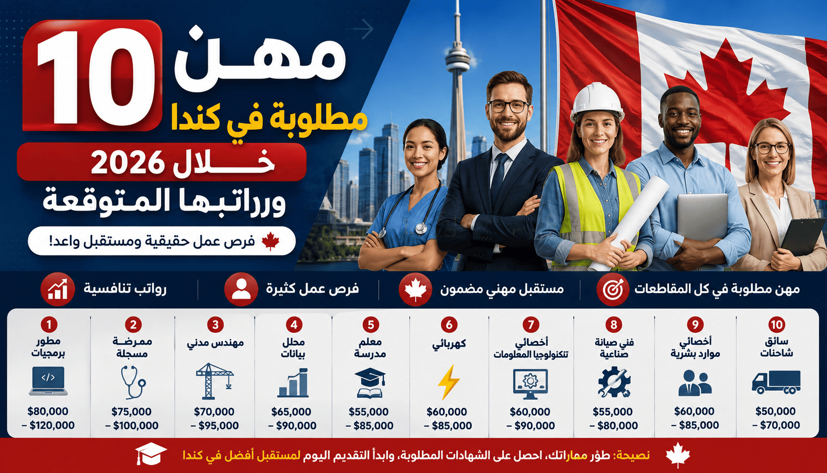 10 مهن مطلوبة في كندا خلال 2026 ورواتبها المتوقعة